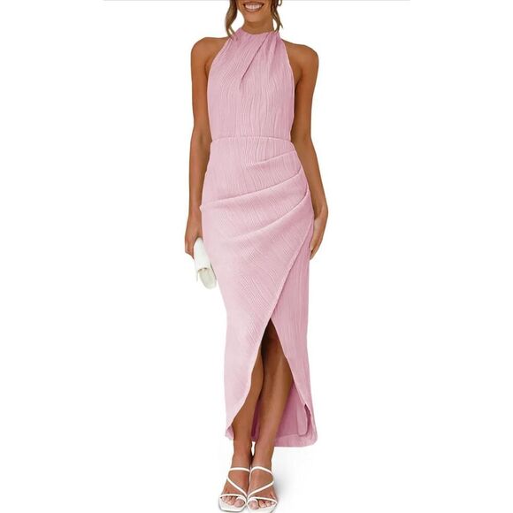 NEW Pink Halter Neck Slit Textured Backless Sim Fit Ruched Maxi Dress XL - Picture 1 of 6